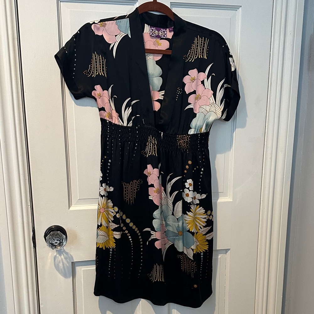 Yumi Kim Black Midi Dress with Pink and Yellow Floral Accents